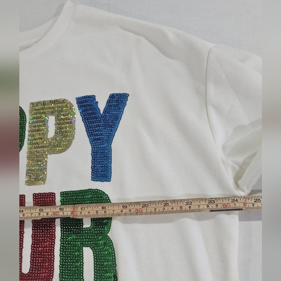 Fashion Nova Sequin Happy Hour Sweatshirt Ivory Size L Colorful Rainbow Holiday - Picture 4 of 7